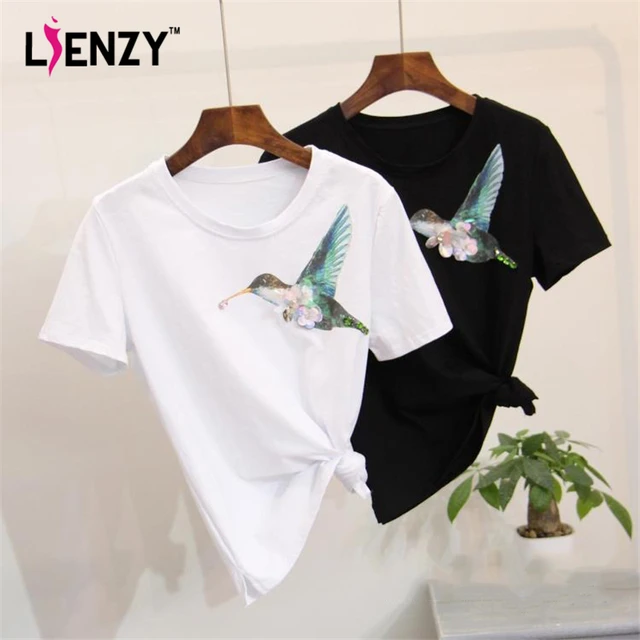 2409 Dété De Diamant Doiseau T Shirt à Manches Courtes T O Cou Petit Ami Lâche Femmes Paillettes T Shirt Noir Blanc Tops Dans T Shirts De Mode