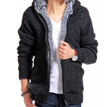 

maomaoleyenda Jacket Men 2018 Thick Velvet Cotton Hooded Fur Jacket Mens Winter Padded Knitted Casual Sweater Cardigan Coat