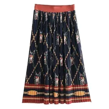 Женская винтажная Юбка-миди плиссированная юбка с цветочным принтом и поясом-цепочкой в стиле ретро с завышенной талией, вязанная юбка до середины икры