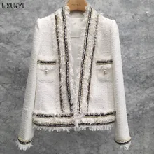 Lxunyi осень г. LadiesTweed куртки для женщин Мода Бисер ленточки женские короткие шерстяные пальто для будущих мам Patcwork уличная
