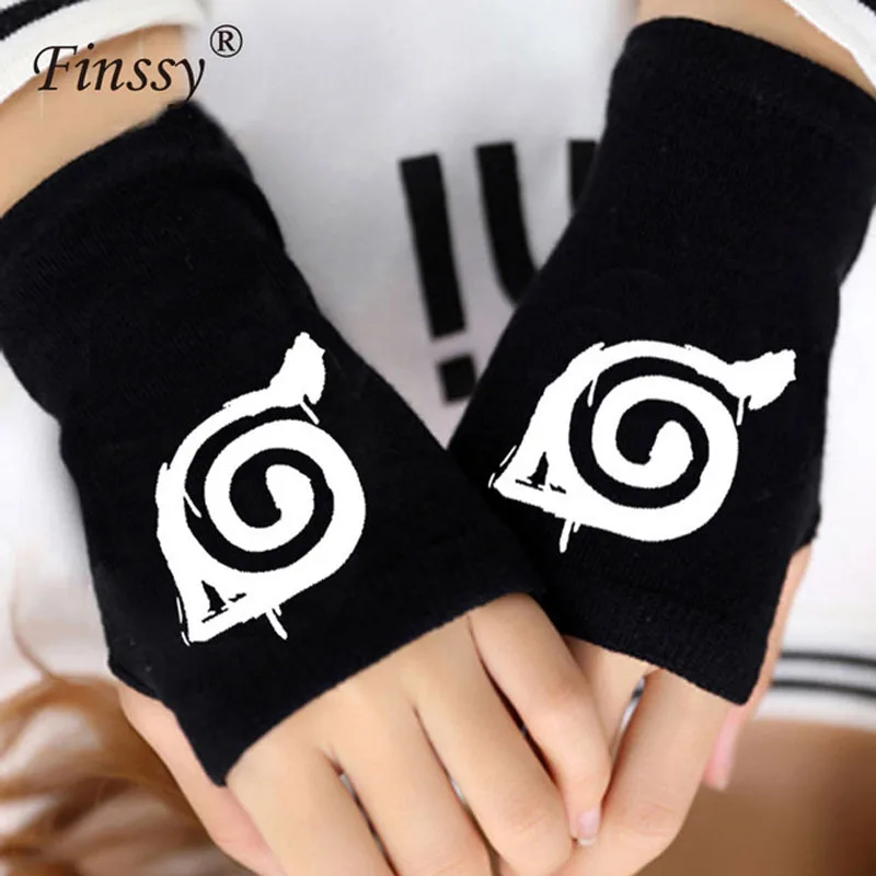 Модные Аниме Косплей теплые митенки вязаные перчатки Атака Титанов Наруто Uchiha Саске логотип