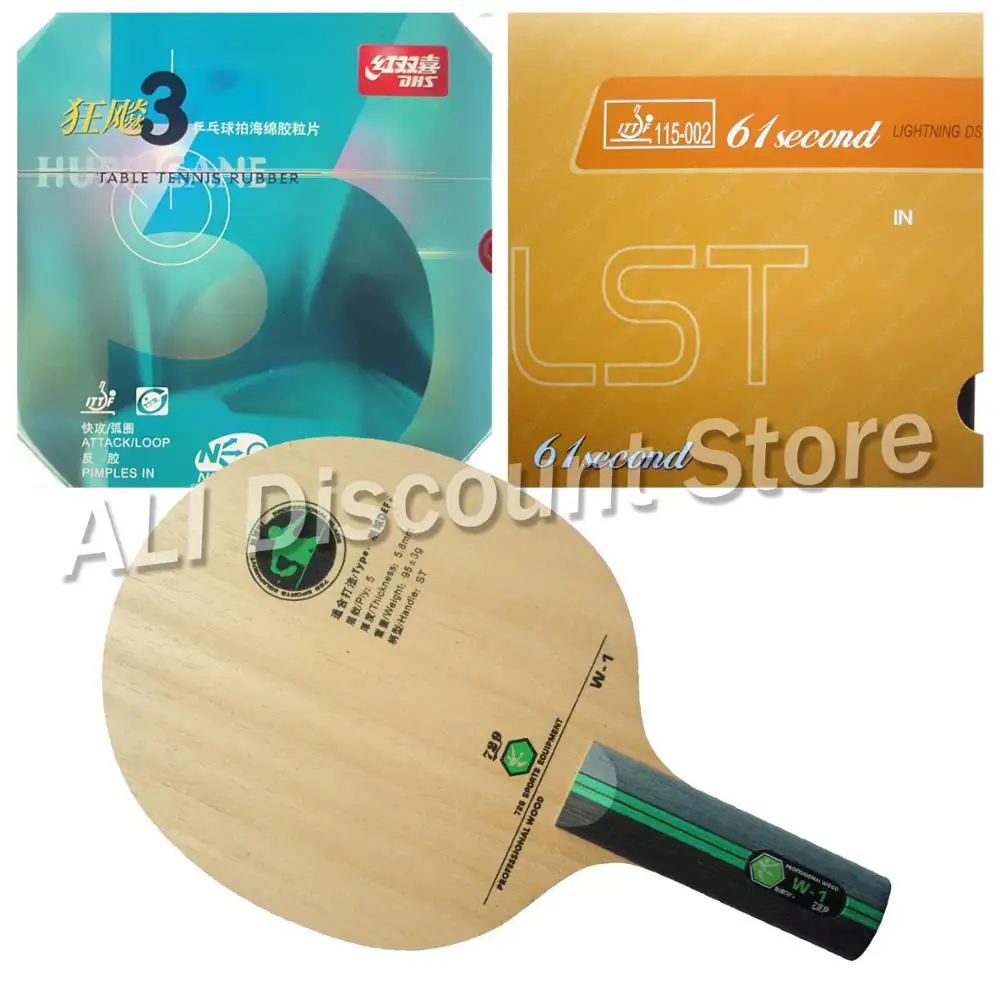 

RITC 729 W-1 Long Shakehand ST Blade with 61second DS LST and DHS NEO Hurricane 3 Rubbers for a Table Tennis Combo Racket ST