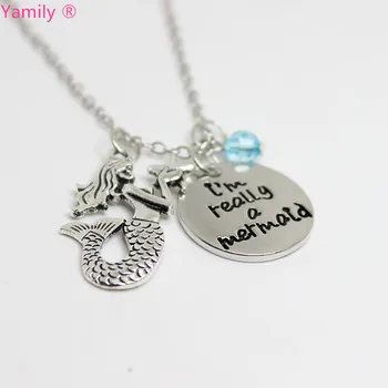 

Yamily 12pcs/lot little Inspired Necklace "I'm Really A Mermaid"crystal necklace antique silver Mermaid charm Pendant Necklaces
