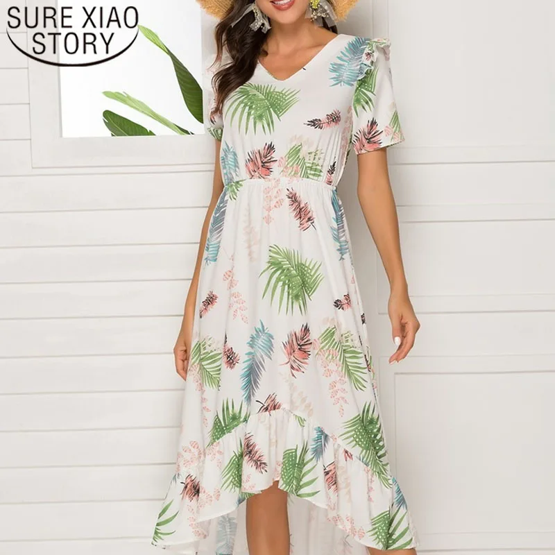 

Fashion summer women dress 2019 elegant dress short sleeve white dress Print Empire V-Neck dresses white chiffon 4063 50
