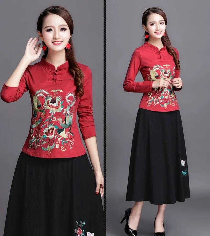 Одежда в китайском стиле, женская черная винтажная рубашка с вышивкой в народном стиле ретро, женская блуза, весенние женские китайские Топы TA1372