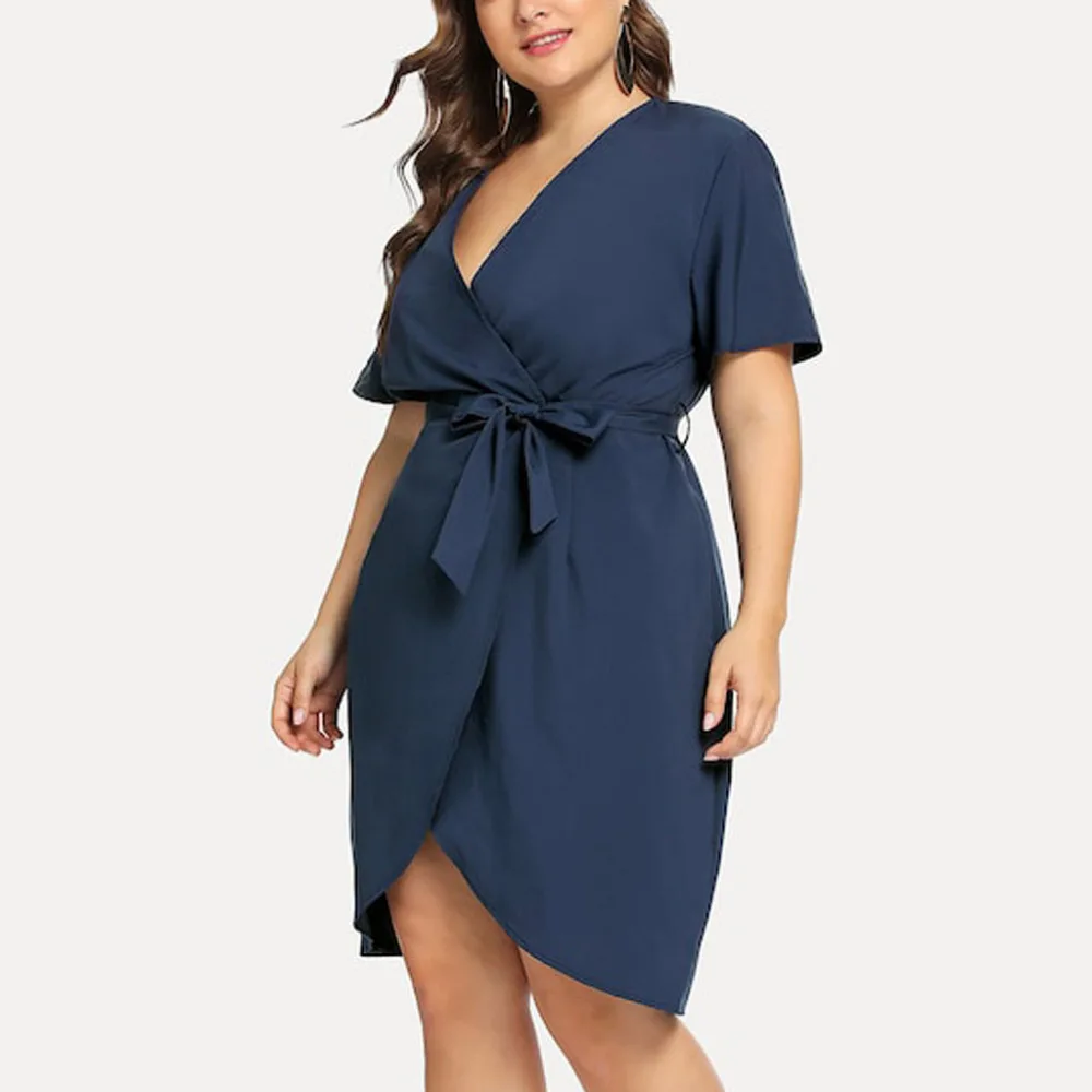 Бандажное платье плюс размер Повседневный женские пояса v-образный вырез однотонные прямые платья лето элегантный пояс до колена vestito donna#10