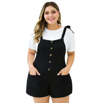 

Women's Plus Size Button I-shoulder Straps Double Pocket Wide Leg Jumpsuit Solid Color Loose Trousers 2020 Casual Pants #YL10