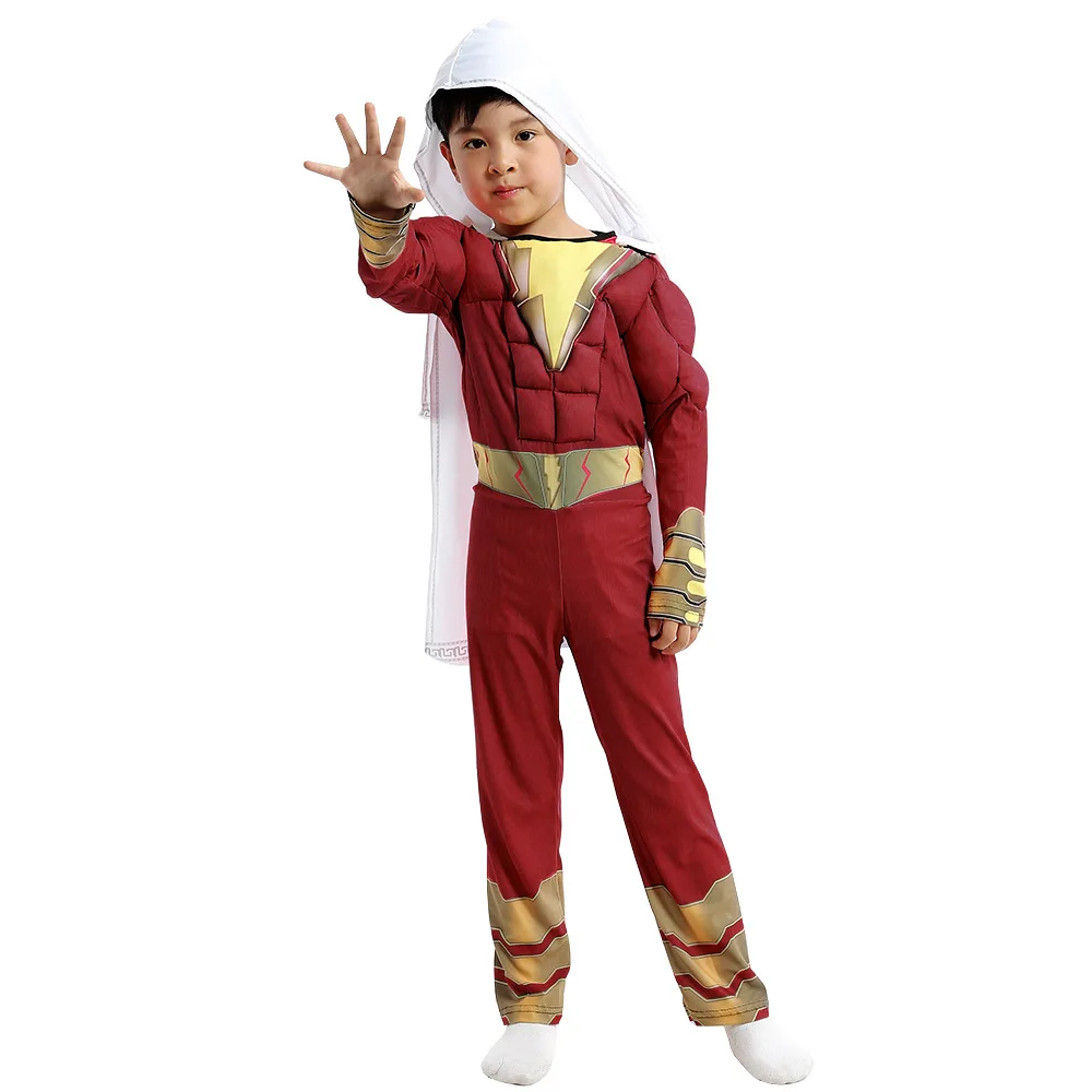 Мальчики мышцы капитан Марвел Shazam костюм Дети Супермен Косплэй детская