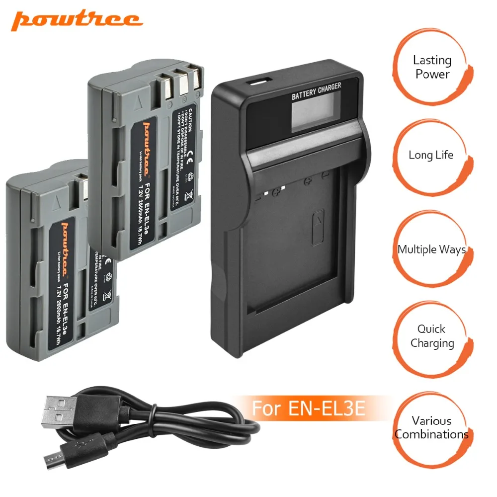 

2pcs EN-EL3e EN EL3e ENEL3e 2600mAh Camera bateria Batteries AKKU+ LCD USB Charger For Nikon D30 D50 D70 D90 D70S D300S D100 L15