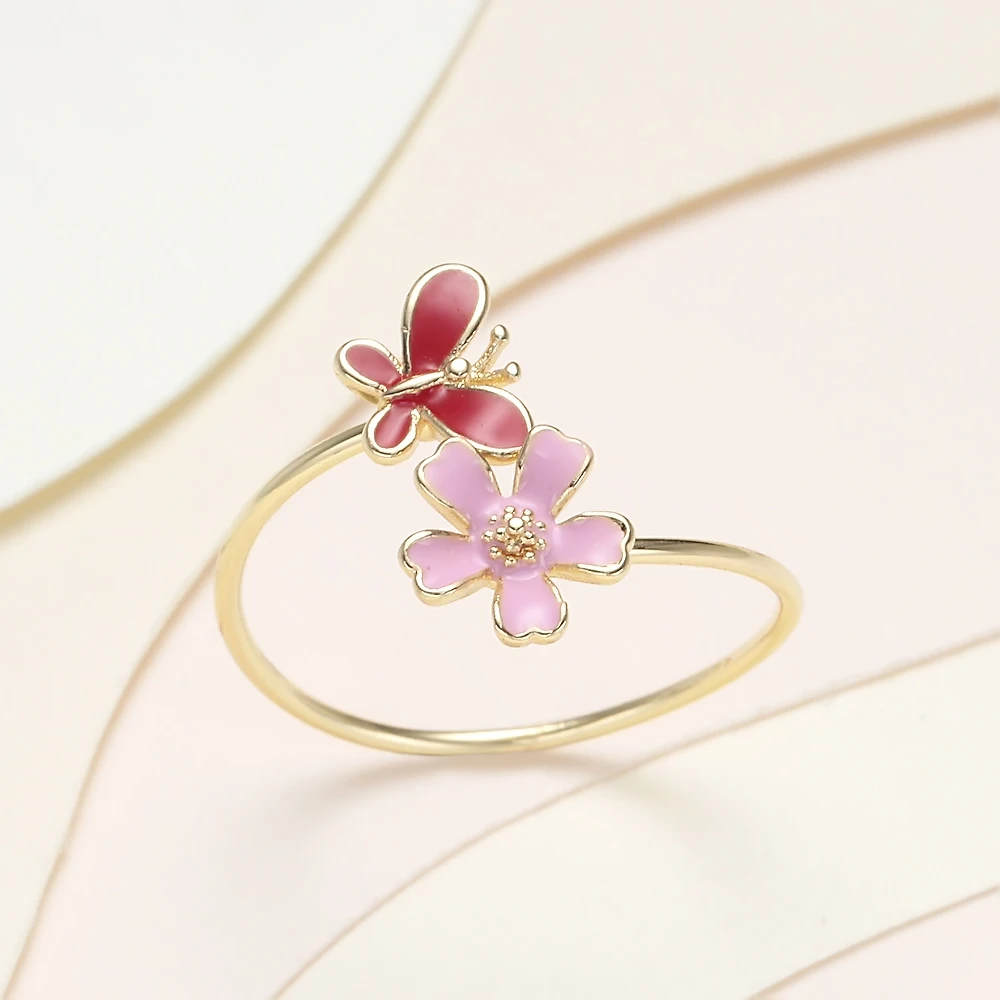 

METOO Beautiful Butterfly Cute Little Flower Zircon Open Ring Gold Color Finger Ring For Women Girl Statement Adjustable Ring
