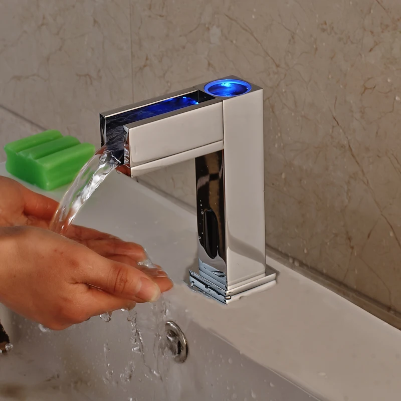 

Chrome Bathroom Sink Faucet Automatic Hand Touch Mixer Tap Single Cold Water Tap With LED Light