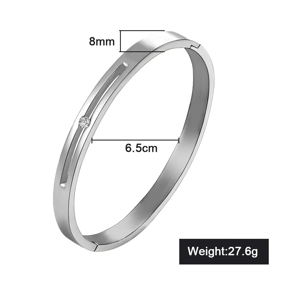 New FINE4U B047 316L Stainless Steel Cuff Bracelet For Women Tension Setting CZ Bracelets& Bangles 3 Colors Choices - Окраска металла: Silver-8mm