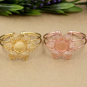

Open Cuff Bracelet with Filigree Flower 15mm Crown Bezel tray Glass Cabochon Blanks Bangle Findings Settings Metal DIY Wholesale