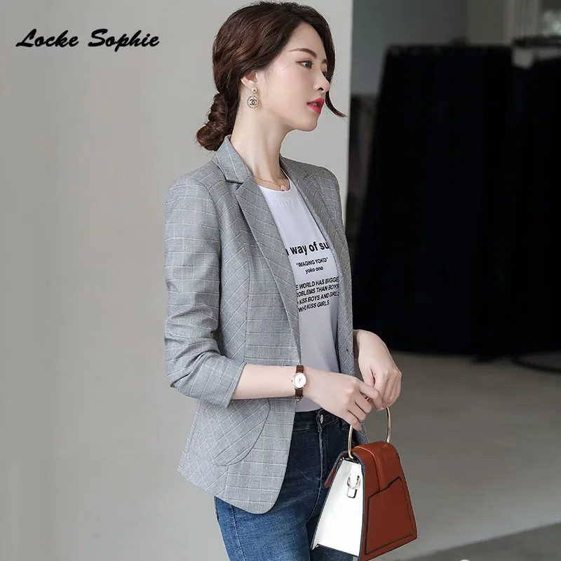 1pcs Women's Plus size Blazers coats 2019 Autumn Fashion cotton blend plaid Small Suits jackets ladies Skinny Blazers Suits