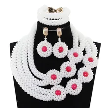 Splendid White Mix Red African Beaded Jewelry Set Indian Bridesmaid Silver Rhinestone Crystal Necklace Eerrings Set PJW138