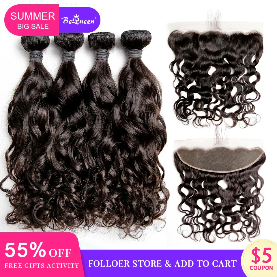 

Bequeen Brazilian Hair Weave 4 Bundles With Frontal Water Wave Human Hair Bundles With Frontal Raw Virgin Human Hair Extension