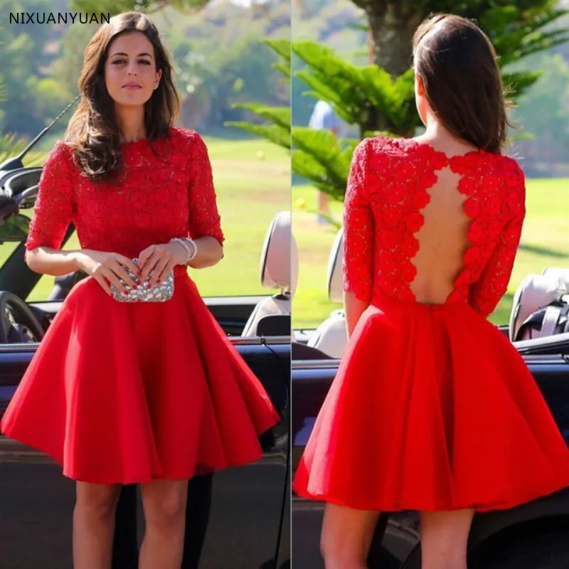 

Cheap Short Red Homecoming Dresses With Half Sleeves Vintage Lace Bodice Cut Out Open Back Graduation Dress Cocktail Dresses