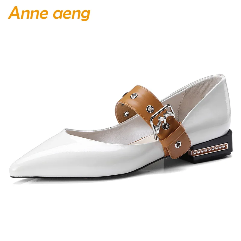 

2019 New Genuine Leather Women Pumps Pearl Low Square Heel Pointed Toe Buckle Fashion Women Cow Leather Shoes Beige Mary Janes