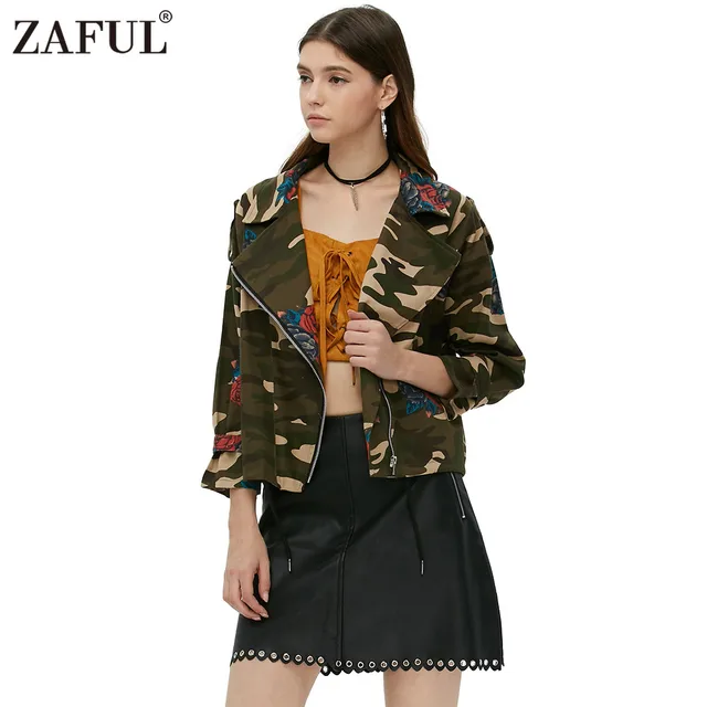 ZAFUL Новый женский весна Джинсовая куртка Армия зеленый Камуфляж молнии С Длинным Рукавом Роуз Печати Женской одежды пальто feminino Chaquetas