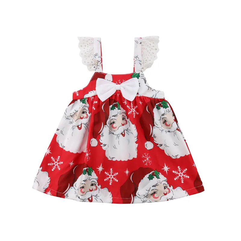 

2-7 Year's Baby Girls Christmas Lace Bow Skirts Xmas Toddler Kids Baby Girls Sleeveless Party Skirts New Year's Red Sling Skirt