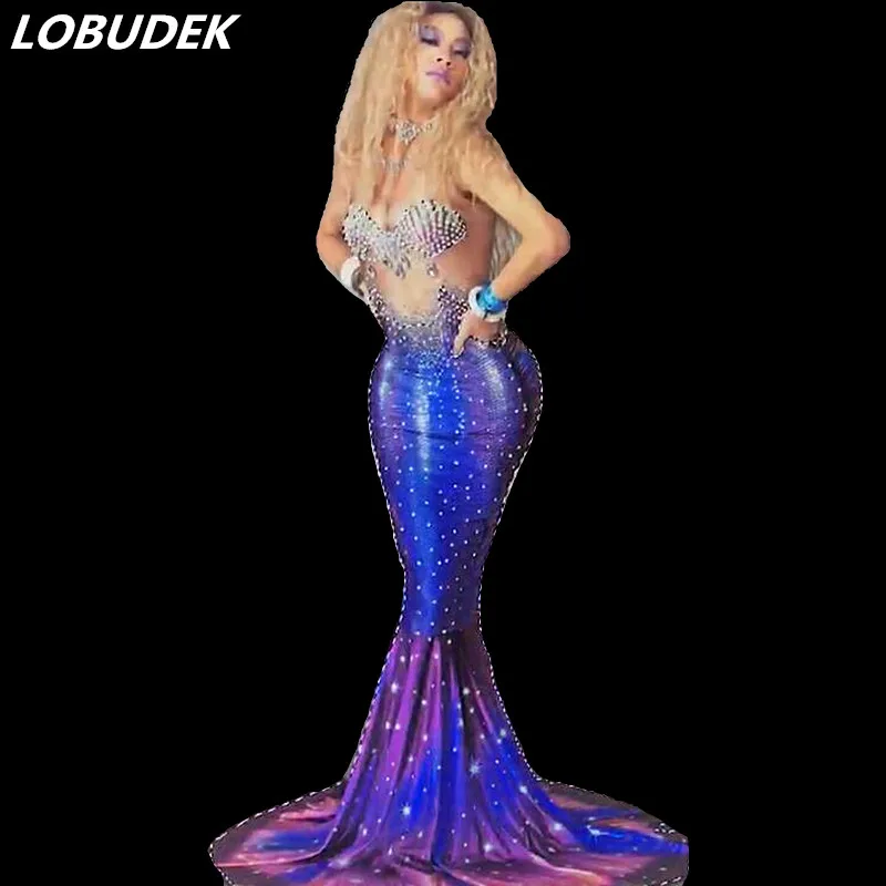

Customized Color Pearls Crystals Fishtail Dress Rhinestones Elastic Skinny Trailing Dress Nightclub Bar Party Singer Long Dress