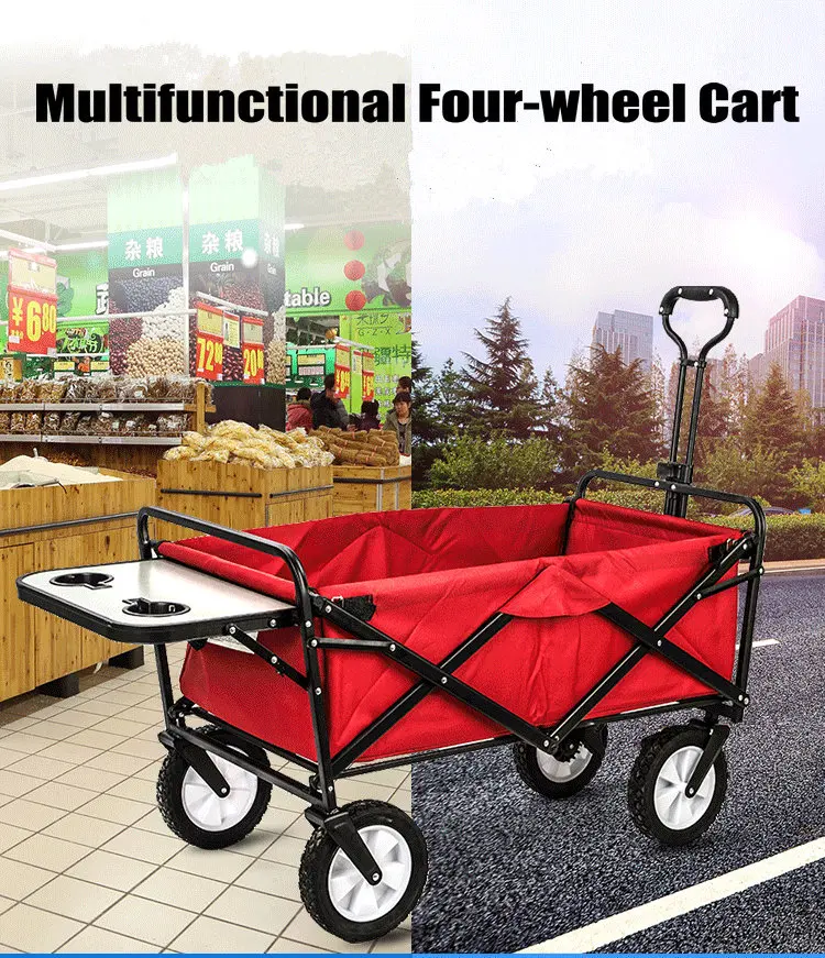 Upgrade Household Portable Shopping Cart with Table, Steel Frame Outdoor Camping Cart, Folding Utility Wagon with Side Table