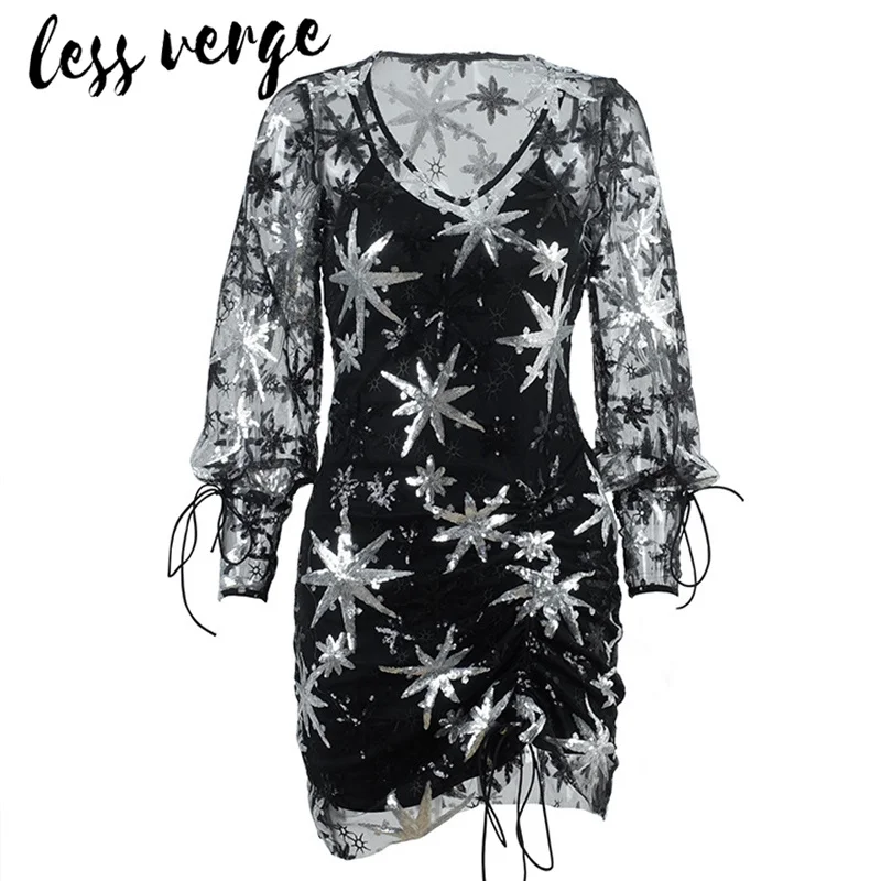 Lessverge женское сексуальное платье из двух частей в сеточку черного цвета с блестками и завязками на спине, элегантное Бандажное Клубное платье, вечерние платья