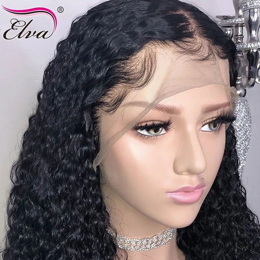 Baratos Pelucas de pelo humano del frente del cordón rizado pelo de Elva pelo Remy peruano 360 nudos blanqueados predesplumados frontales para las mujeres peluca del cordón del pelo del bebé