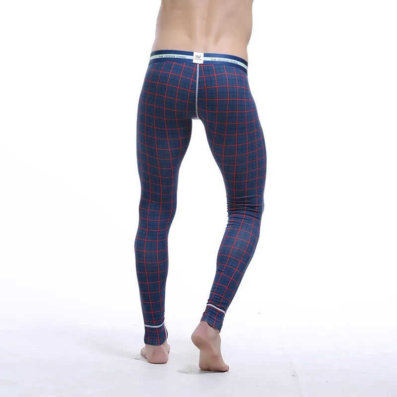 Бренд WJ мужские сексуальные клетчатые хлопковые мешочки для пениса, штаны для отдыха, длинные леггинсы для сна, штаны для сна