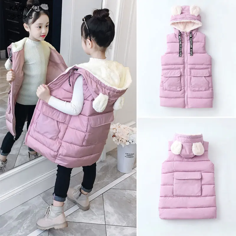 Crianças de Inverno Cabolsa sem Mangas Crianças sem Mangas Colete com Capuz Jaqueta de Algodão Adolescentes Colete Quente Acolchoado Roupas Meninas Rabbite 2020