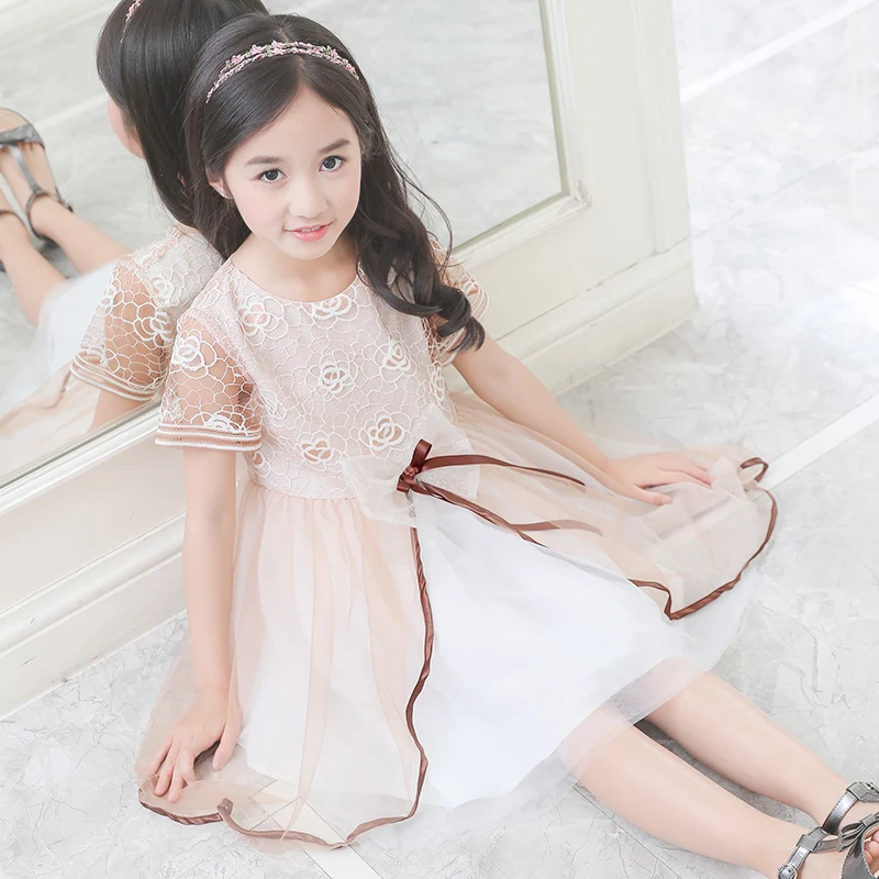 

Ribbon Designers Princess Girl Party Dress Middle School Children Dress Elegant Casual Lace Dress Kids Silk jurk For Girls 12