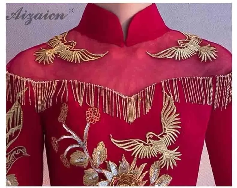 Современные красные с кисточками вышивка Cheongsam Длинные вечерние платья Qi Pao женское традиционное китайское свадебное платье Qipao Акция