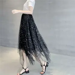Для женщин s Бисер юбка из прозрачной ткани пайетки Нерегулярные эластичный качели Kawayi блестящие изящные вечерние летние женская
