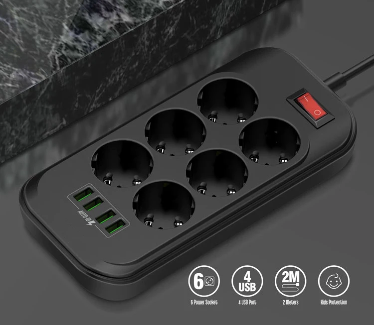 Rdxone EU Smart Power Strip Socket 4 USB 6 AC Outlets2M Power Cord Wall Charger Adapter for Home Office Global