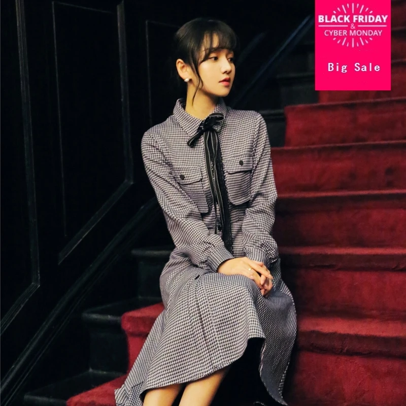

Fashion brand England style plaid woolen Dresses female good quality single breasted longer retro dress with big pockets wq450