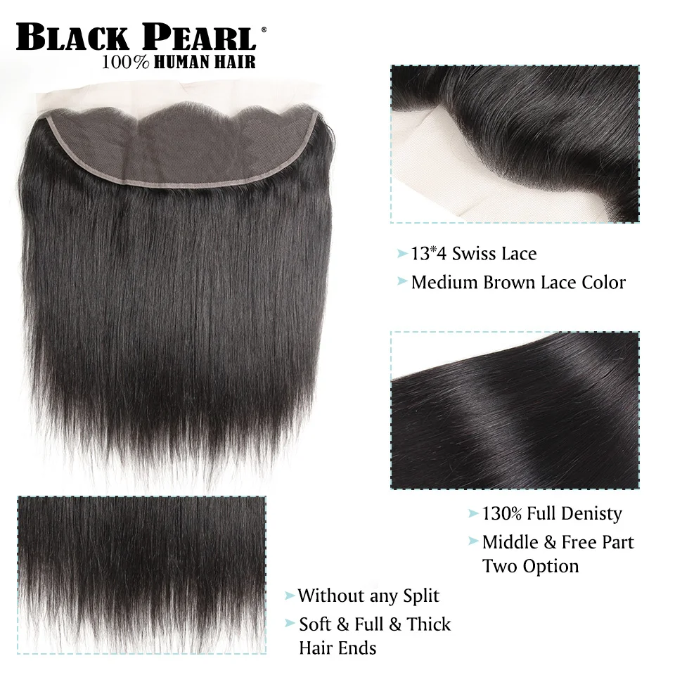 Black Pearl Brazilian Straight Hair Lace Frontal Closure With Bundles Non Remy Human Hair With Frontal 3 Bundles With Frontal