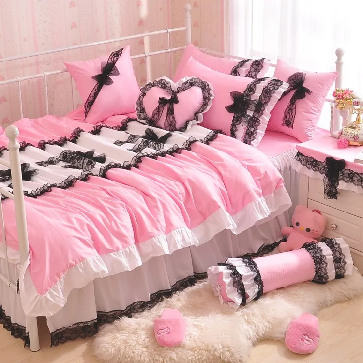 Solid Color Princess Black Lace Bow Quilt/Duvet Cover 4pc Pink Ruffles