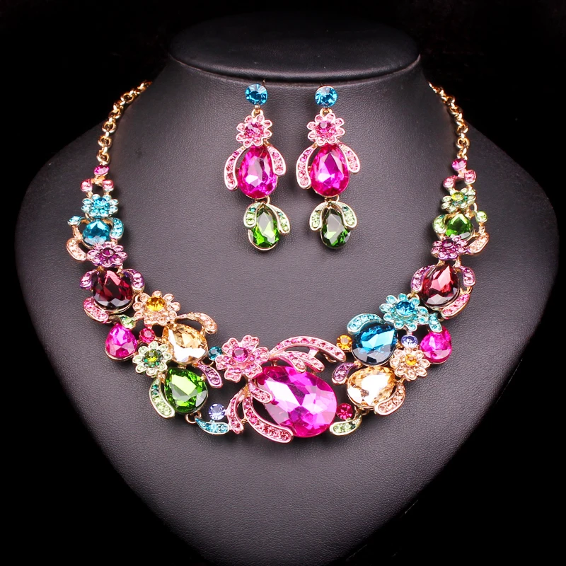 8 Colors Elegant Flower Bridal Jewelry Sets Dubai Necklace Earring For