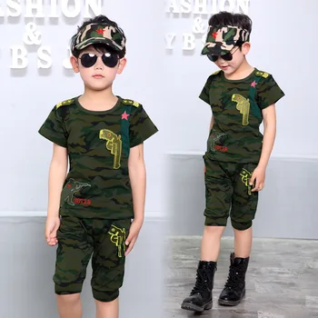

Boys Clothes Summer Clothing Set 2019 New Fashion O-neck Short Sleeve Army Green Camouflage Military Uniform Suit 100-160
