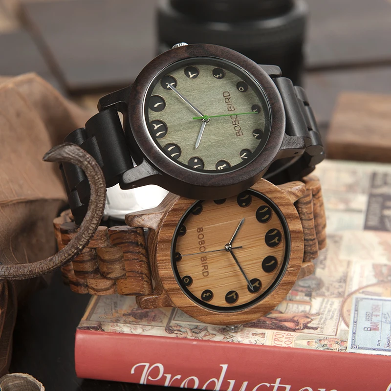 BOBO BIRD WN24N25 Wood Watch Zabra Ebony Wooden Watches for Men Eastern Arabic Numerals Dial Watch with Tool for Adjusting Size