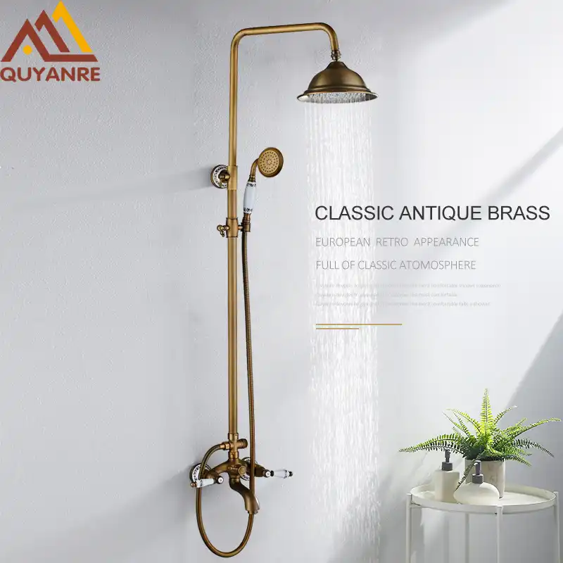 Quyanre Antique Brass Shower Faucet Set Porcelain Deco Bathtub