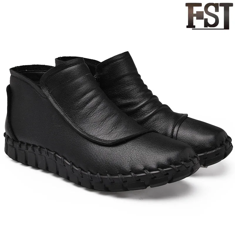 

FSJ Ladies Shoes For Womens Boots 2019 Spring/Autumn Genuine Leather Ankle Winter Pleated Mature Black Red Zip Casual Wedges