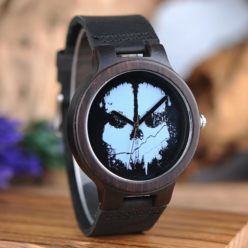 BOBO BIRD Men Punk Skull Wood Watches L-D24 Leather Band Top Brand Quartz Watches for Men as Gifts
