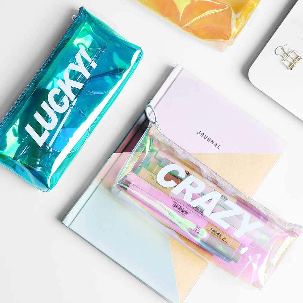 

Cool Happy Day Transparent Lazer Style Zipper Pencil Bag 18.5*9.5*4cm