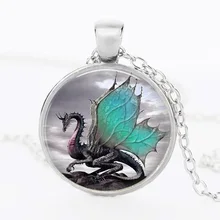 2014 Blue Dragon Necklace Handmade glass dome Jewelry Long art Photo Necklace Charm Fantasy wing Dragon Jewelry CN-344
