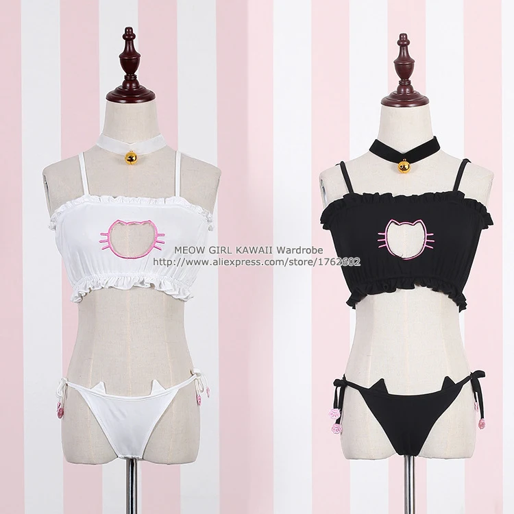 

3 Pieces Set Sexy&Cute Neko Cat Chest Hollow Out Paws Tie Intimates Open Chest Sleepwear Underwear with Bell Necklace