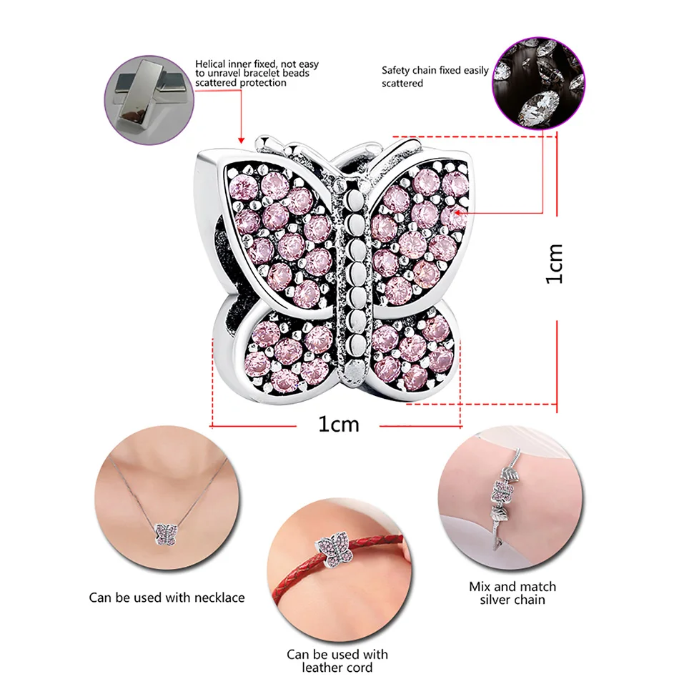 Belawang сердце стерлингового серебра 925 Кристалл Талисманы след бабочка Бусины подходят Pandora браслет DIY ювелирных