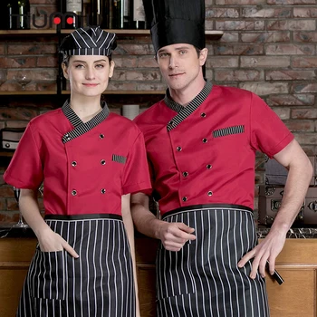 

2019 Chef Jacket Restaurant Uniform Short Sleeve Striped Collar Chef Shirt Kitchen Cooking Bakery Sushi Cafe Work Coat Men Women