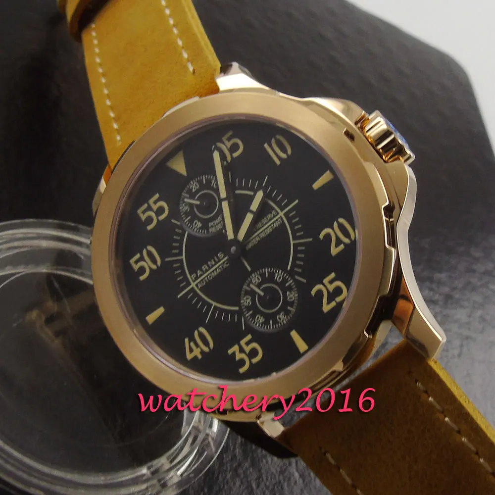 

Fashion 44mm Parins black dial rose golden case mens watches military army power reserve automatic business Men's watch