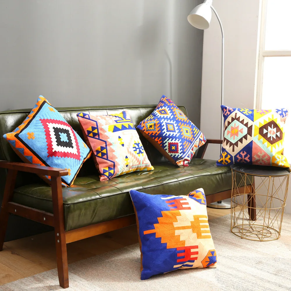 Bohemian color geometric cotton embroidered sofa cushion set